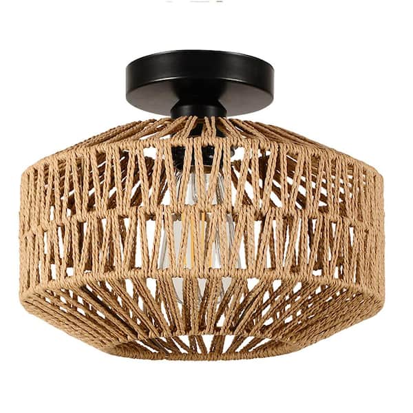 Staykiwi 12 in. 1-Light Black Modern Flush Mount with Hand-Woven Natural Rattan Shade and Dimmable LED Bulb Included