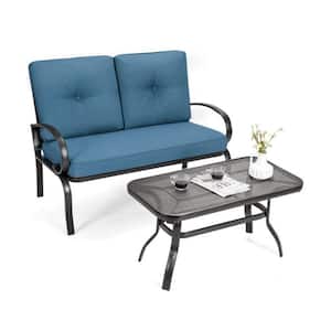 2-Pieces Metal Outdoor Patio Conversation Set with CushionGuard Blue Cushions and Coffee Table