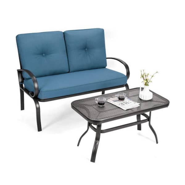 Clihome 2-Pieces Metal Outdoor Patio Conversation Set with CushionGuard Blue Cushions and Coffee Table