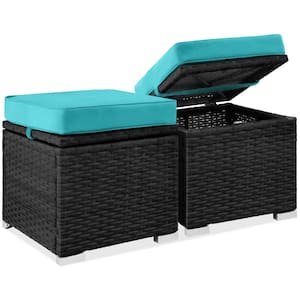 Black Wicker Outdoor Ottomans Storage Box Footstool with Removable Teal Cushions (2-Piece)
