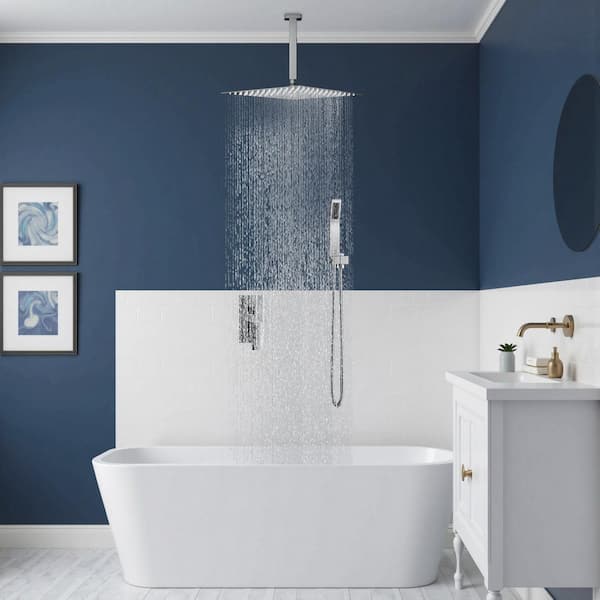 12 in. 2-Jet High-Pressure Rainfall Shower System w/Square Head and Handheld Shower in Brushed Nickel (Valve Included)