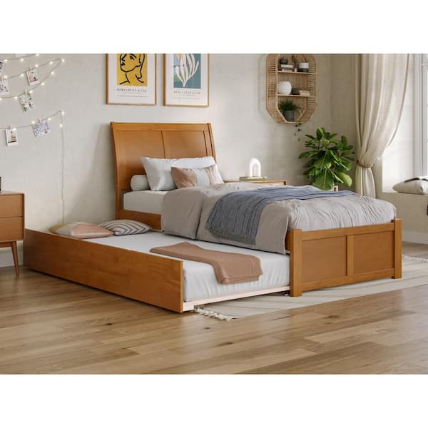 AFI Portland Light Toffee Natural Bronze Solid Wood Frame Twin XL Platform Bed with Footboard and Twin XL Trundle