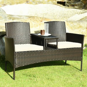 1-Piece Wicker Outdoor Loveseat with Beige Cushions and Built-In Table