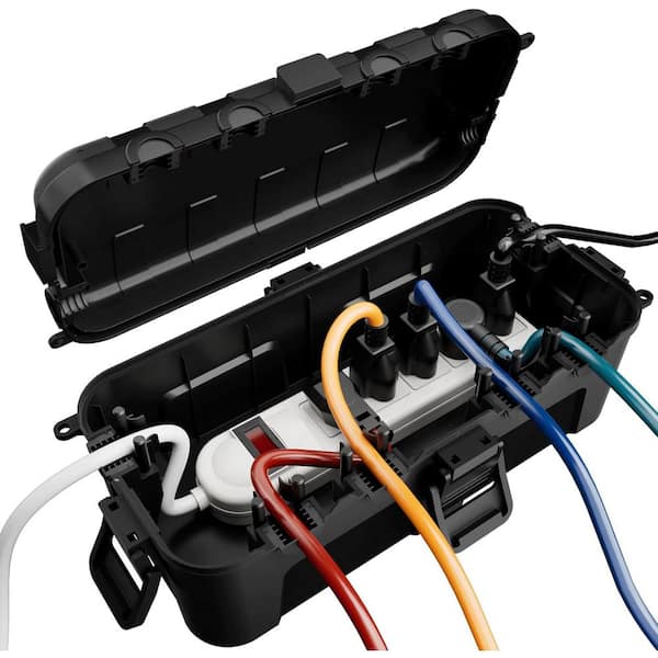 Medium Outdoor Electrical Box, IP54 Waterproof Extension Cord Cover w/ 6 Cable Entry Ports, Weatherproof Connection Box