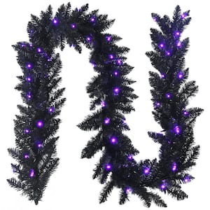 9 Ft Pre-lit Black Halloween Wreath Garland Christmas Rattan w/LED Lights & Timer