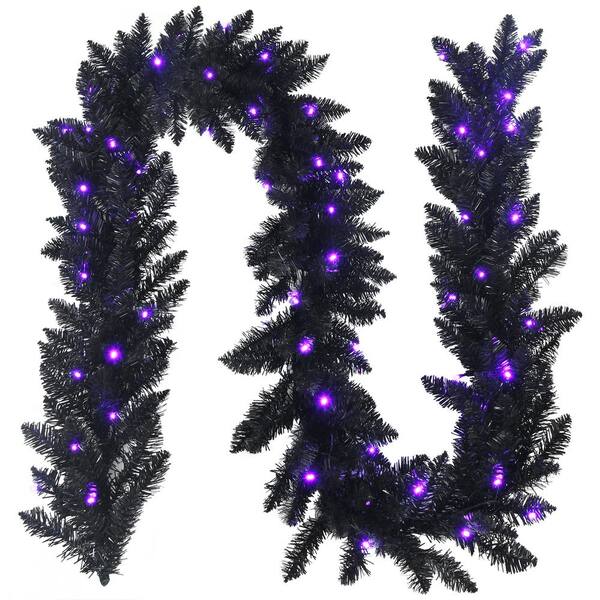 Gymax 9 Ft Pre-lit Black Halloween Wreath Garland Christmas Rattan w/LED Lights & Timer