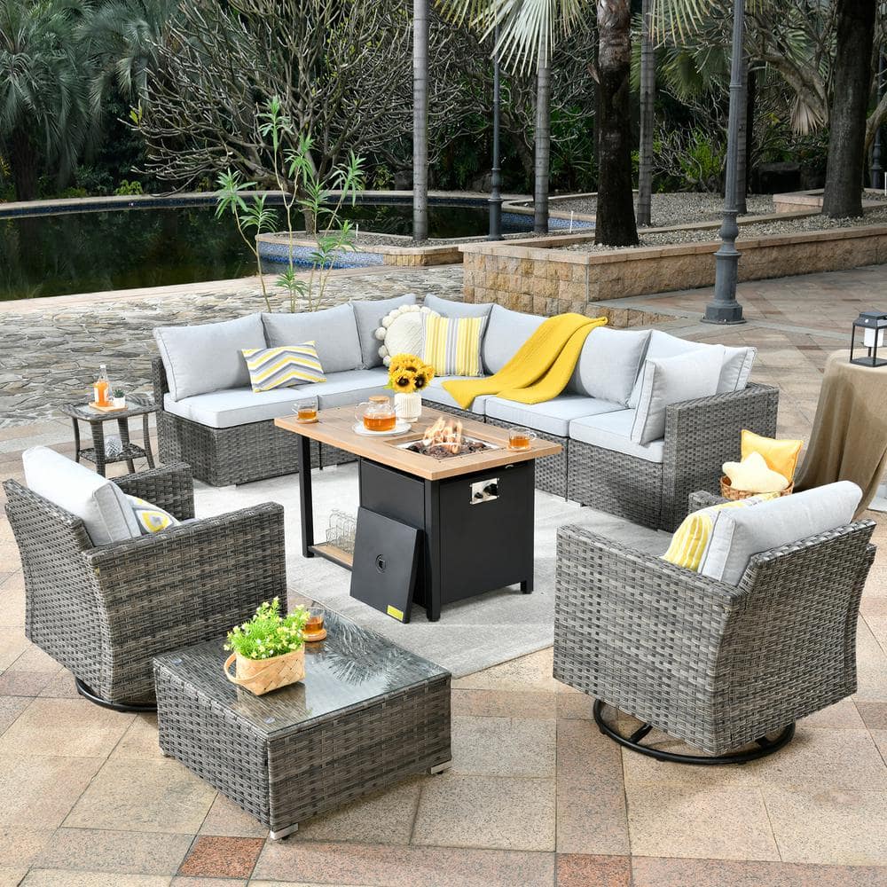 weaxty W Daffodil Gray 11-Piece Wicker Patio Storage Fire Pit ...