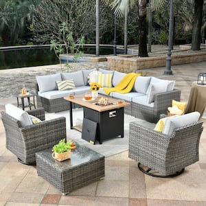 Daffodil Gray 11-Piece Wicker Patio Storage Fire Pit Conversation Set with Swivel Rocking Chair and Light Gray Cushions