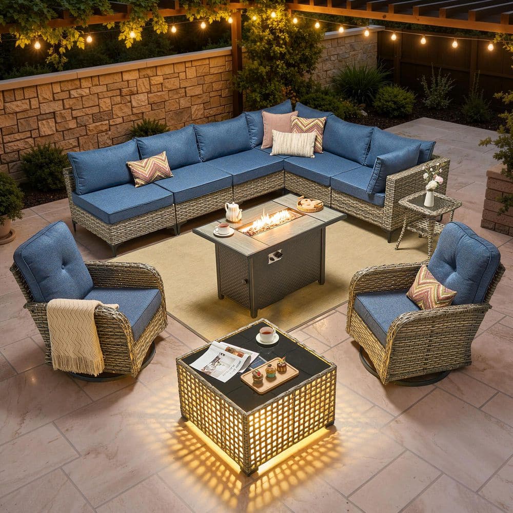 Melly Gray 11-Piece Wicker Patio Rectangle Fire Pit Conversation Set with Denim Blue Cushions and Solar LED Coffee Table price history on PriceWatchPro