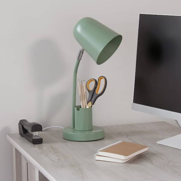 15.75 in. Metal Desk Lamp w/Gooseneck & Organizer, Sage Green Finish for Office or Dorm