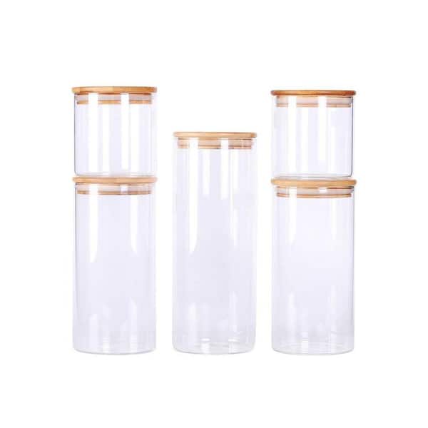 5-Piece Glass Food Storage Canisters Set with Airtight Bamboo Lids Clear Stackable Jars for Kitchen Pantry