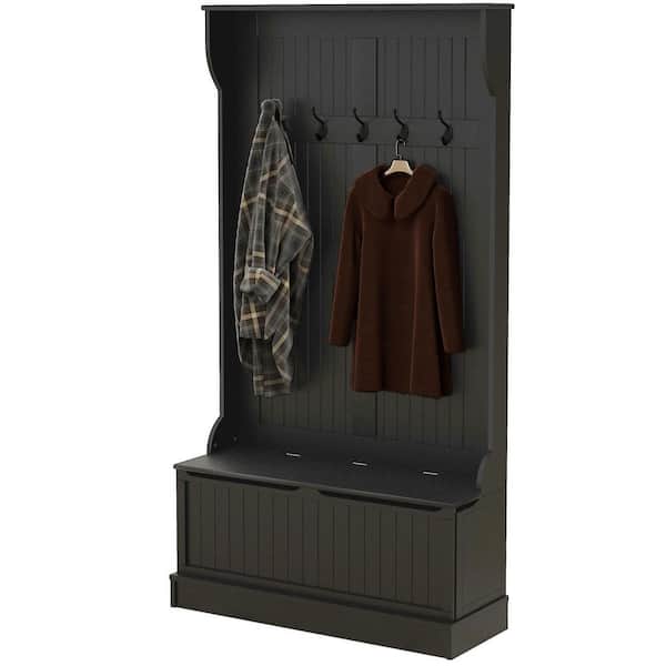 Unbranded 37.75 in. W x 13.5 in. D x 70.75 in. H Black Wood Hall Tree with Storage Bench, Coat Rack and 4 Hooks for Entryways