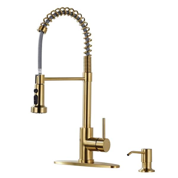 Single Handle Pull Down Sprayer Kitchen Faucet with Soap Dispenser High-Arc Sink Faucet in Brushed Gold