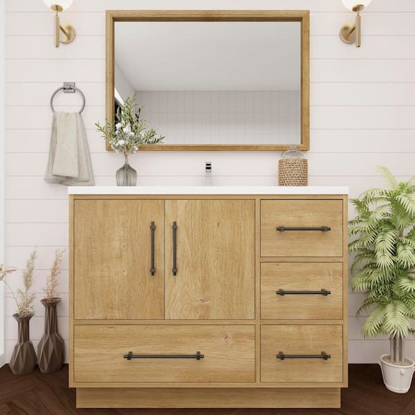 Victoria 42 in. W x 20 in. D x 35 in. H Single Sink Freestanding Bath Vanity in Oak with White Acrylic Top