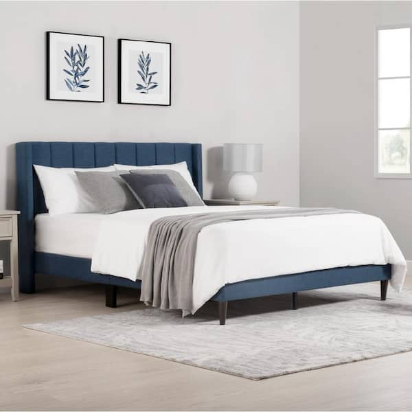 Spruce & Spring Jasper Blue Wood and Metal Frame Upholstered Queen Wingback Platform Bed with Channel-Tufted Headboard