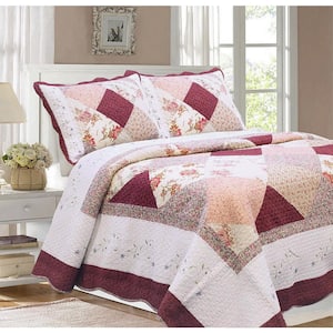 GEORGIA SHABBY BURGUNDY WHITE CHIC COTTAGE RED FLORAL PATCH 3p King QUILT 