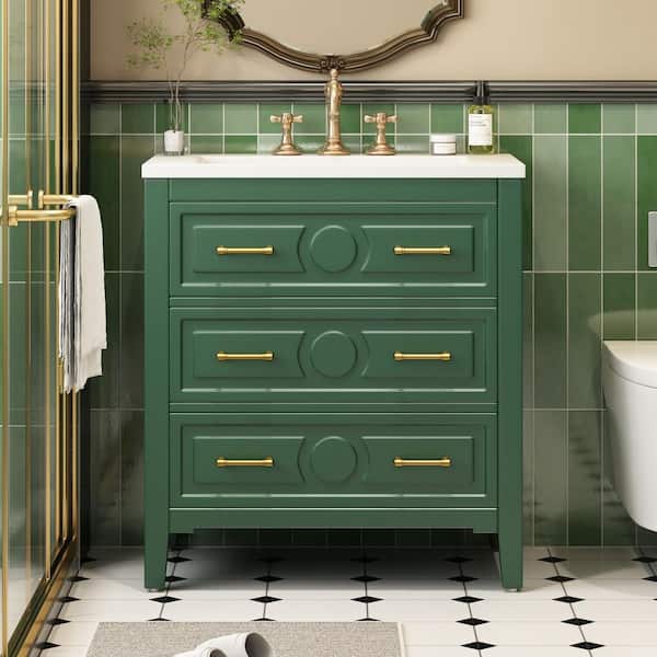 30 in. W x 18 in. D x 34 in. H Single Sink Freestanding Bath Vanity in Green with White Resin Top and 3 Drawers