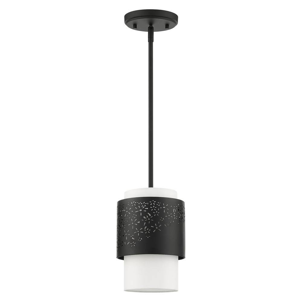 Noria Black Steel Drum Pendant with Off-White Fabric Shade