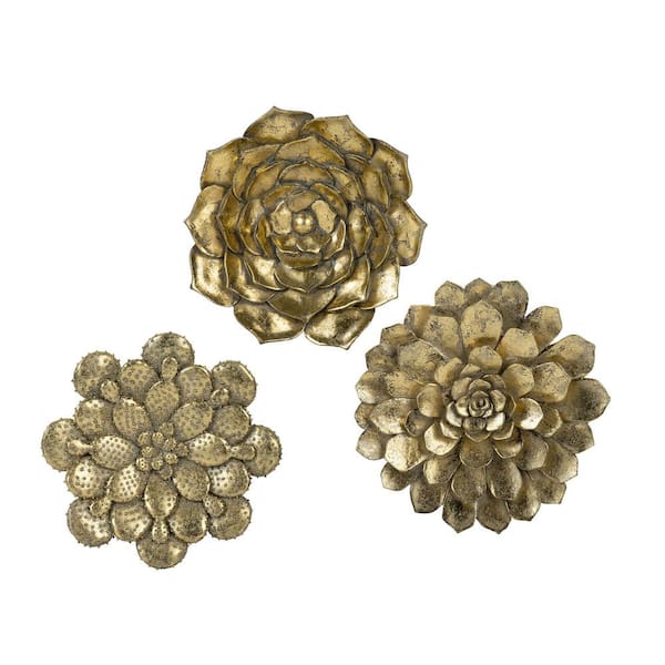 Miscool Anky Resin 10.2 in. x 30.2 in. Gold Wall Architectural Decor 3-Piece Succulent Wall Plaque