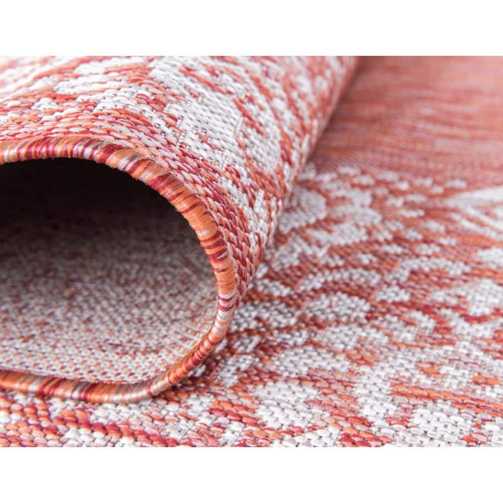 Rust Red Floral Easy-Care Outdoor Synthetic Runner Rug