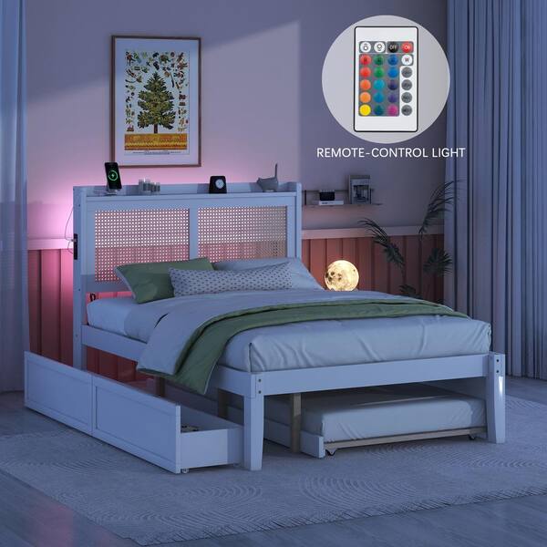 Harper & Bright Designs Rustic White Wood Frame Full Platform Bed with 2-Drawer, Rattan Headboard, Twin Trundle, USB Sockets, LED Lighting