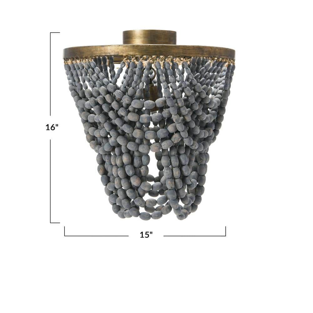Gold and Grey Wood Bead Semi-Flush Mount Ceiling Light