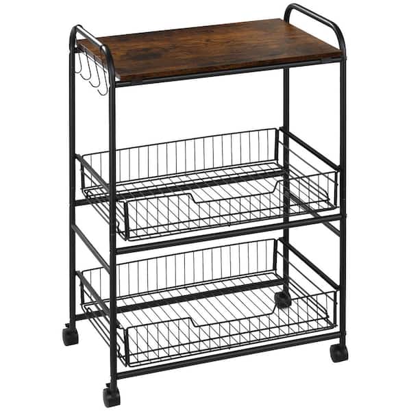 HOMCOM Rustic Brown Kitchen Cart with 2-Basket Drawers and 3-Tier