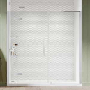 Tampa 67 3/8 in. W x 72 in. H Pivot Frameless Shower Door in Chrome With Shelves