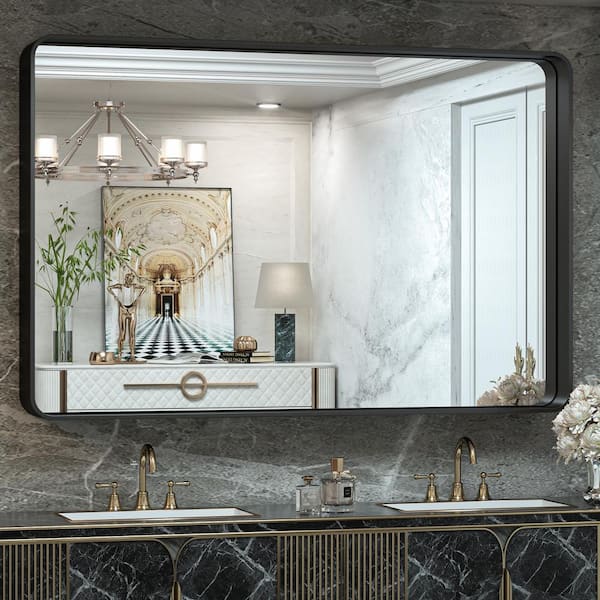 TETOTE 55 in. W x 36 in. H Rectangular Aluminum Framed Wall Mount Bathroom Vanity Mirror in Black