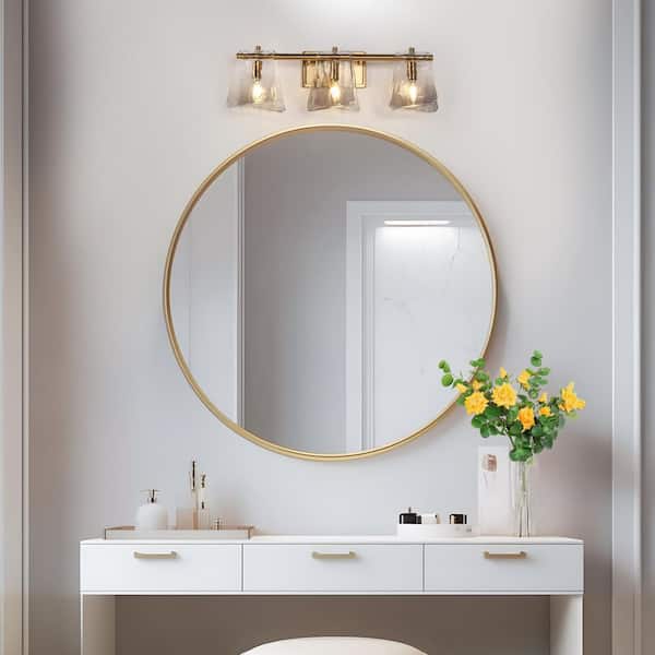 Glam 23.6 in. 3-Light Plated Brass Geometric Gray Glass Bathroom Vanity Light, Modern Dimmable Powder Room Wall Sconce