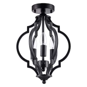 11 in. 3-Light Matte Black Geometric Flush Mount with Curved Metal Frame