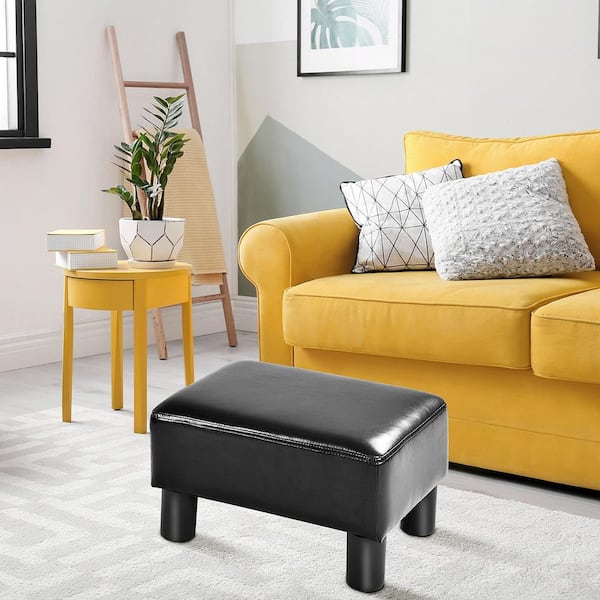 Gymax Black PU Leather Ottoman Rectangular Footrest Small Stool