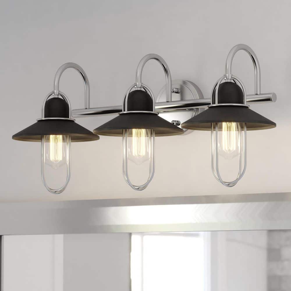 Galena 25.25 in. Wide 3-Light Matte Black and Satin Nickel Nautical Coastal Bathroom Vanity Light Fixture, Wall Sconce price history on PriceWatchPro