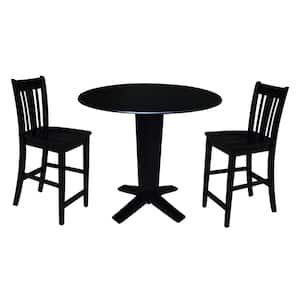 Aria Black 42 in. Solid Wood Drop-Leaf Counter Height Pedestal Table and 2-San Remo Stools, Seats-2
