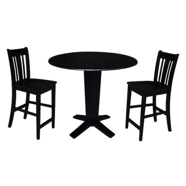 International Concepts Aria Black 42 in. Solid Wood Drop-Leaf Counter Height Pedestal Table and 2-San Remo Stools, Seats-2