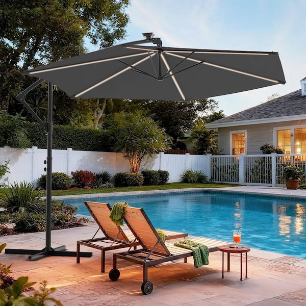 SANLUCE 10 ft. LED Offset Hexagon Patio Umbrella with UV Protection and  Wind-Resistant Features in Anthracite CZ-LED985-SG