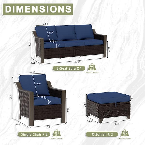 5-Piece Wicker Outdoor Patio Furniture Patio Conversation Set with Blue Cushions
