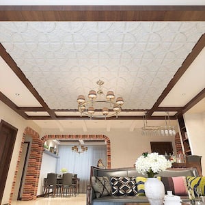 Spanish Floral Matt White 23.7 in. x 23.7 in. Decorative Ceiling Wall Panel Lay in Glue Ceiling Tile (48 sq. ft./case)