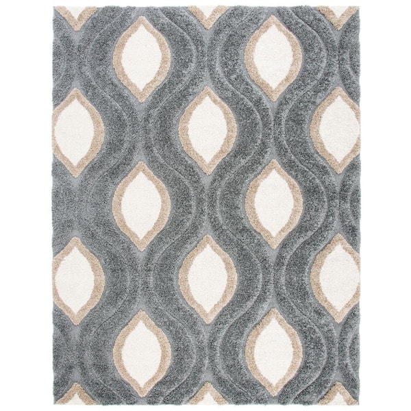 Florida Shag 9 ft. x 12 ft. Gray/Ivory Geometric Area Rug