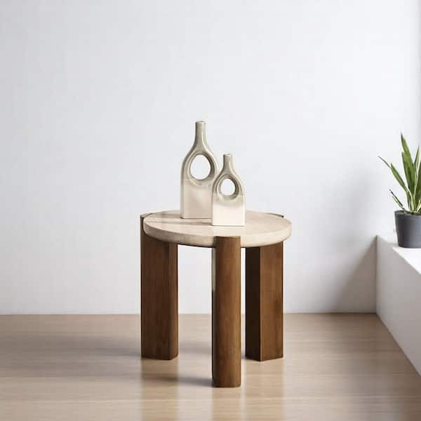 Leonardo 22 in. Dark Oak Round Stone Travertine End Table