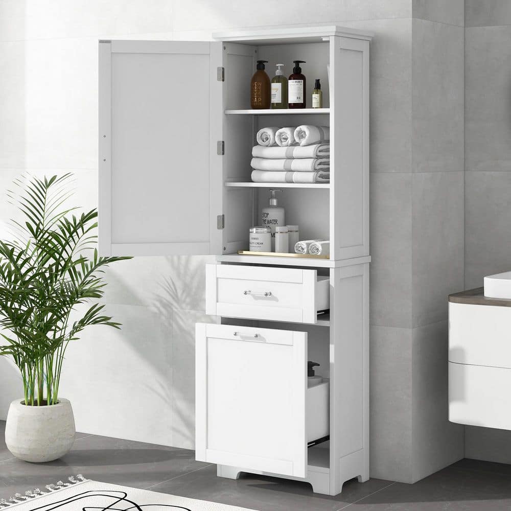 13.5 in. W x 13.5 in. D x 68.4 in. H White Wood Freestanding Storage Linen Cabinet with 2 Different Size Drawers price history on PriceWatchPro