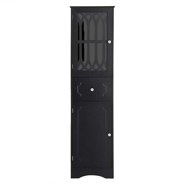 PARASOLAR 17 in. W x 14 in. D x 64 in. H Black Freestanding Linen Cabinet with Drawer and Doors