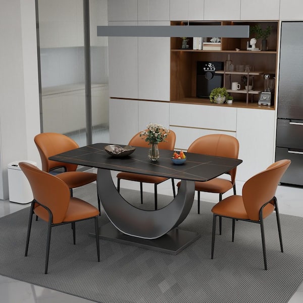 62.99 in. W Black Sintered Stone Rectangular Pedestal Dining Table with Crescent Moon Base Seats 6