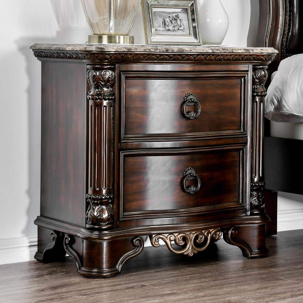 Menodora Transitional Espresso 2-Drawer Nightstand with Gold Accents