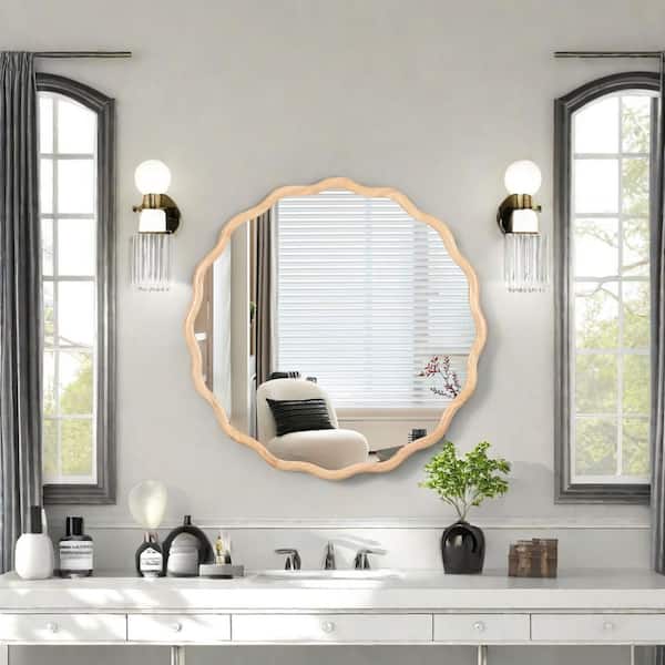 Unbranded 42 in. W x 42 in. H Solid Wood Wavy Wall Mirror Round Vanity Mirror Decorative Mirror for Living Room Entryway, Natural