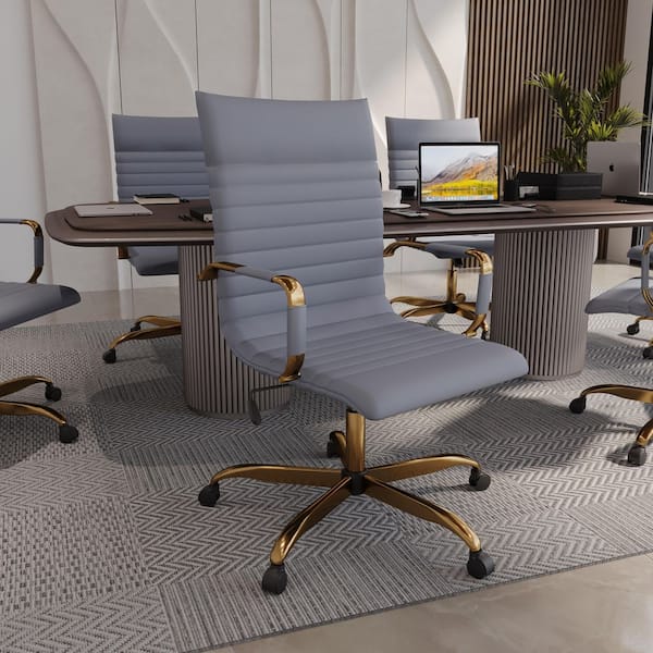Leisuremod Harris High-Back Leather Office Chair Gold Frame Adjustable Height, Swivel, Tilt Conference Chair in Grey