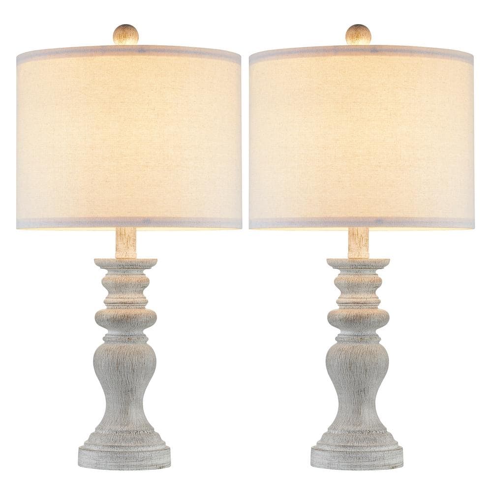 Distressed White Resin Farmhouse Table Lamp Set with Fabric Shade