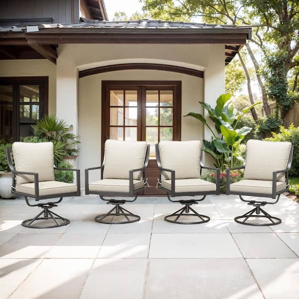 Komodo Swivel and Rocking Black Metal Frame and Gray Wicker Outdoor Lounge Chairs with Olefin Beige Cushions (4-Pack)