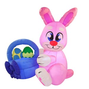 6 ft. Tall Multi-Colored Nylon Indoor Outdoor Easter Bunny with Basket Inflatable w/Built-In LED Lights, Lawn Decoration