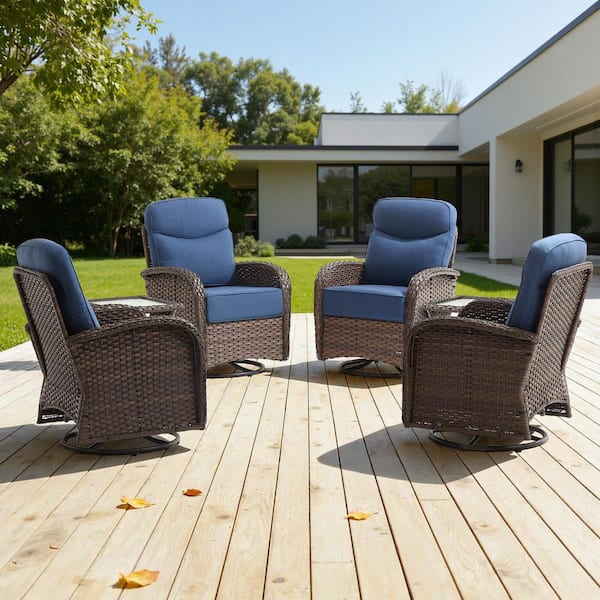 High Crescent 6-Piece Brown Swivel Wicker Patio Conversation Set Outdoor Rocking Chair with Blue Cushions